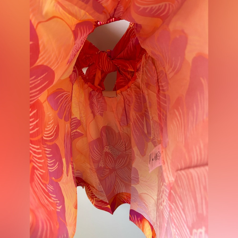 Farm Rio Orange pink floral Puff Sleeve Off the Shoulder mini Dress - Picture 4 of 8